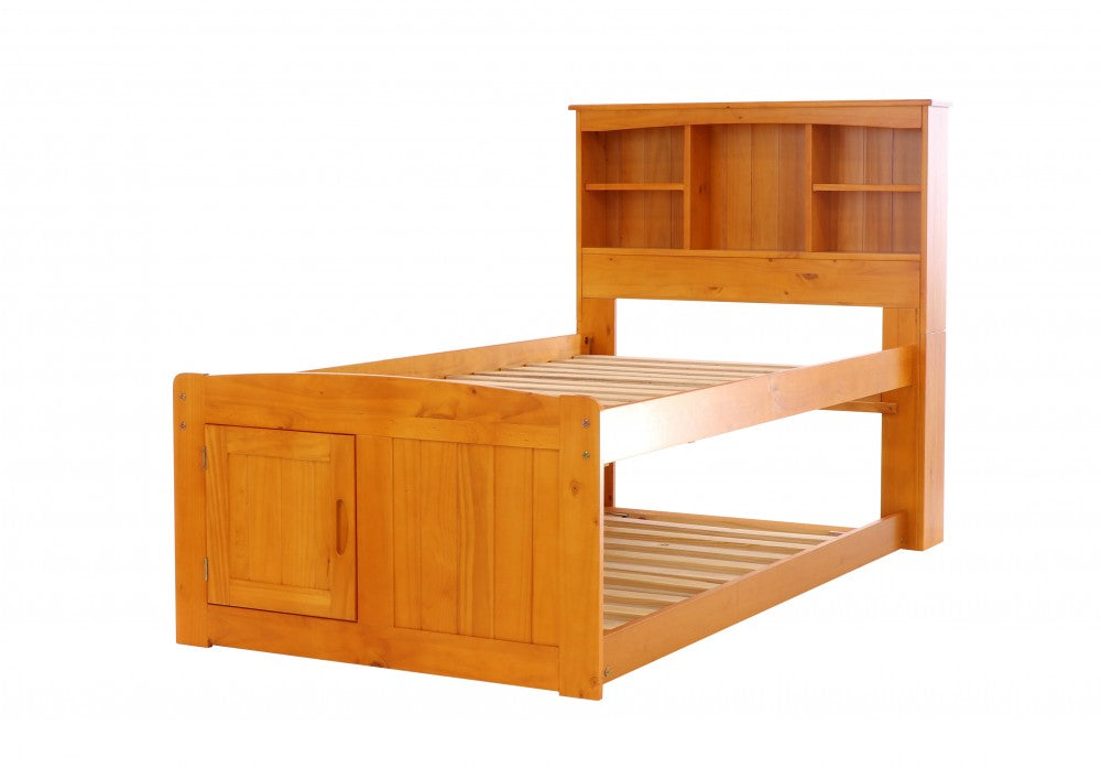 Honey Twin Bookcase Captains Bed with 3 Drawers and Twin Trundle