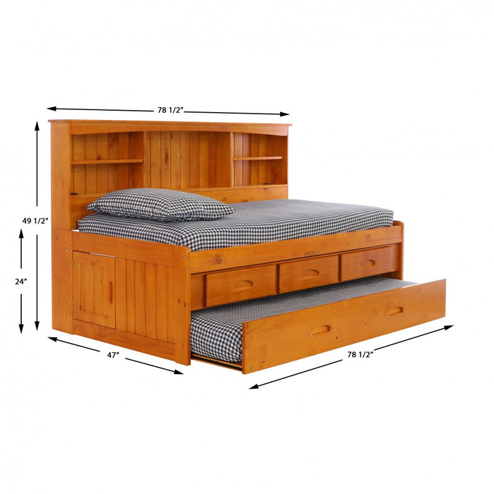 Honey Twin Bookcase Captains Bed with 3 Drawers and Twin Trundle