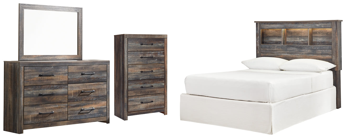 Drystan Full Bookcase Headboard with Mirrored Dresser and Chest.