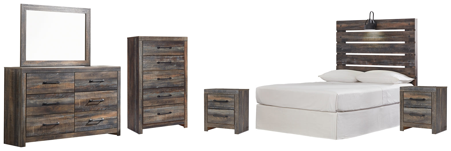 Drystan Full Panel Headboard with Mirrored Dresser, Chest and 2 Nightstands.