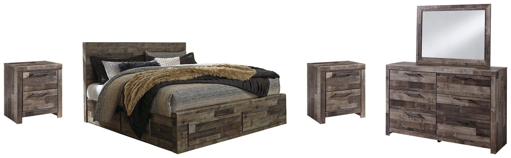 Derekson King Panel Bed with 4 Storage Drawers with Mirrored Dresser and 2 Nightstands.
