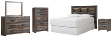 Drystan Queen/Full Bookcase Headboard with Mirrored Dresser, Chest and Nightstand.