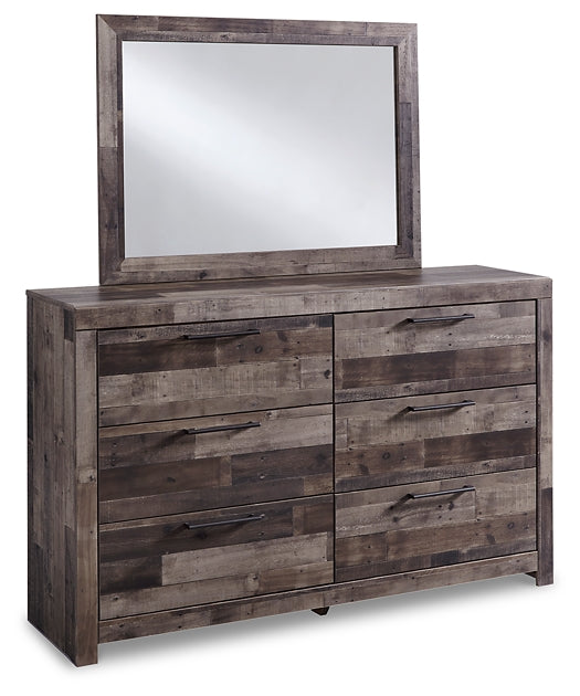 Derekson Queen Panel Bed with 4 Storage Drawers with Mirrored Dresser.