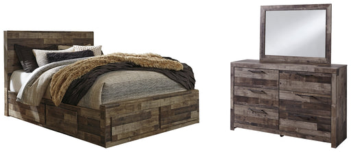 Derekson Queen Panel Bed with 4 Storage Drawers with Mirrored Dresser.