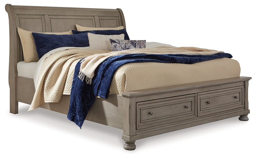 Lettner California King Sleigh Bed with Mirrored Dresser, Chest and Nightstand.