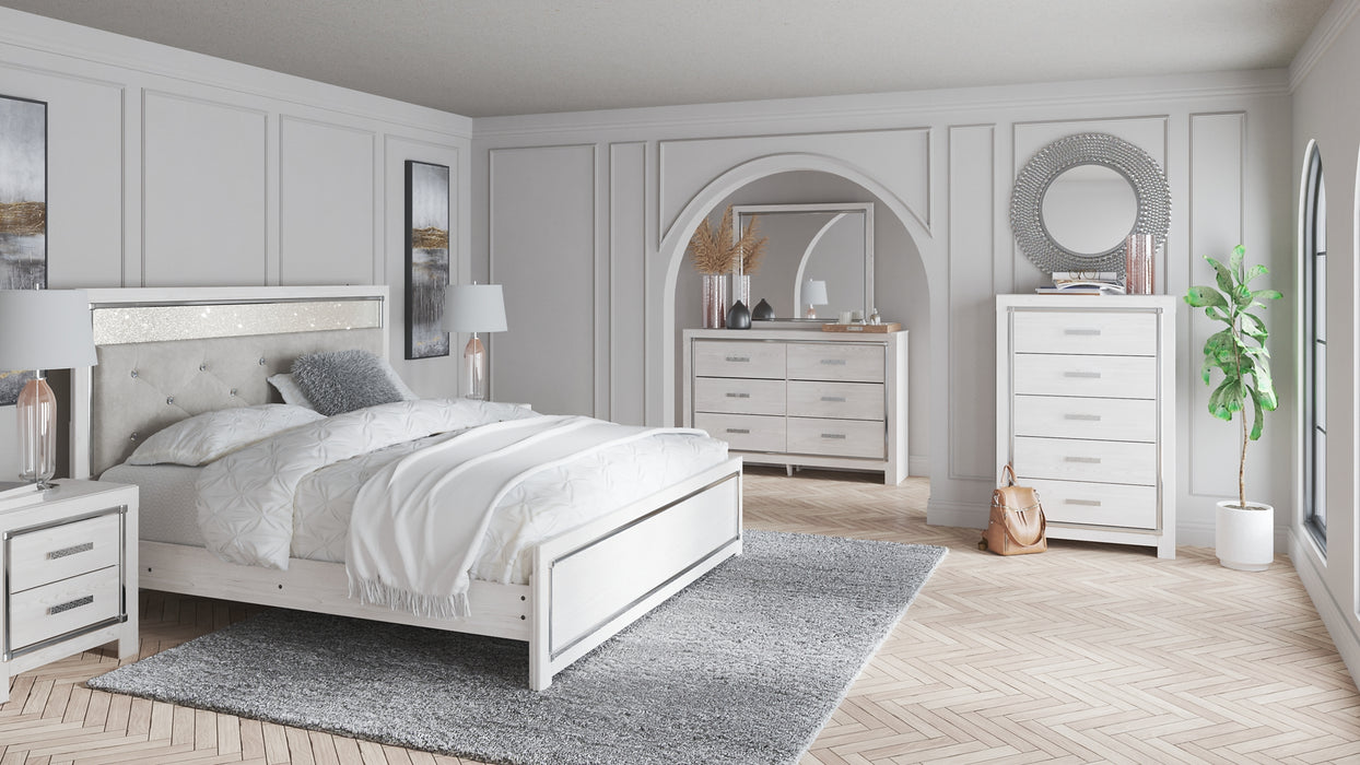 Altyra King Panel Headboard with Mirrored Dresser, Chest and Nightstand.