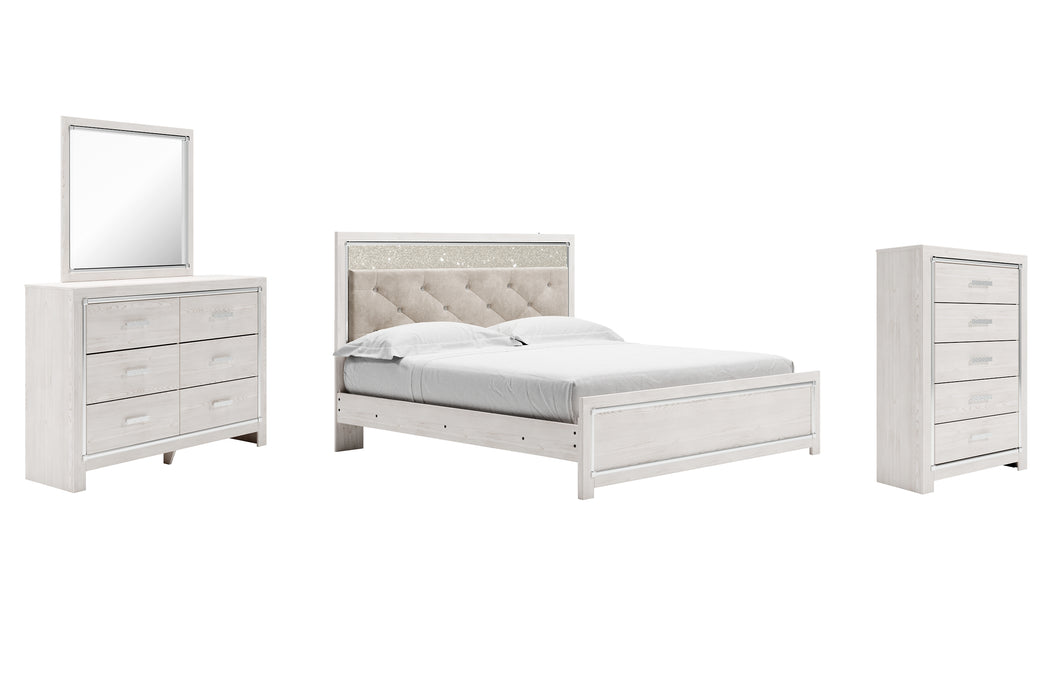 Altyra King Panel Bed with Mirrored Dresser and Chest.