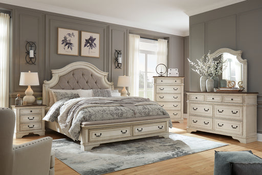Realyn Queen Upholstered Bed with Mirrored Dresser.