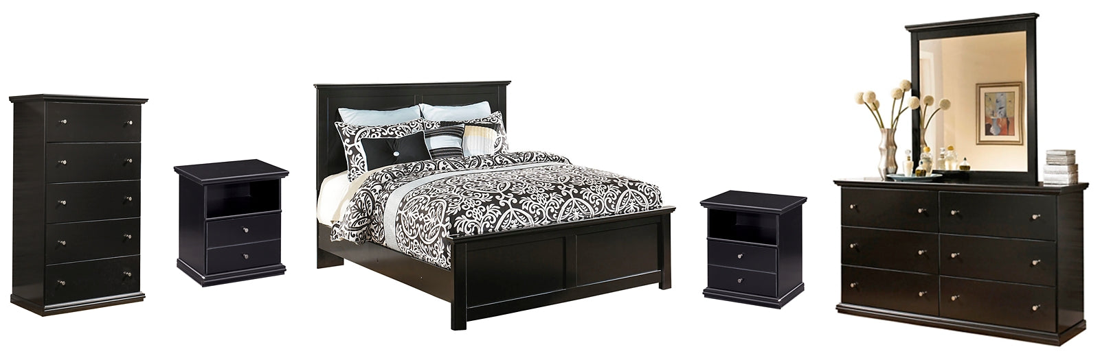 Maribel King Panel Bed with Mirrored Dresser, Chest and 2 Nightstands