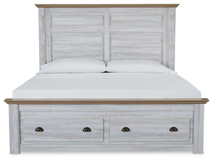 Haven Bay King Panel Storage Bed with Mirrored Dresser and Chest