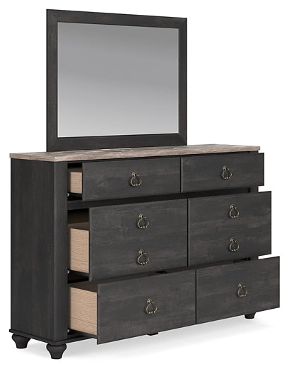 Nanforth King Panel Bed with Mirrored Dresser and Nightstand