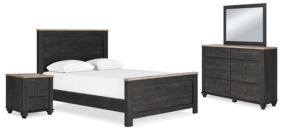 Nanforth Queen Panel Bed with Mirrored Dresser and Nightstand