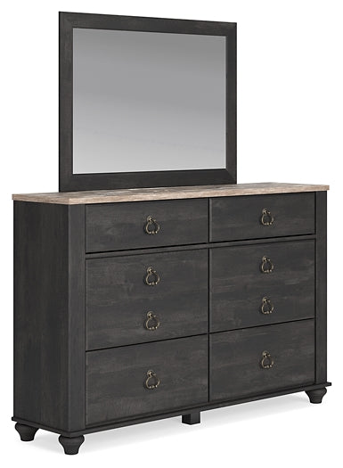 Nanforth Queen Panel Headboard with Mirrored Dresser, Chest and 2 Nightstands